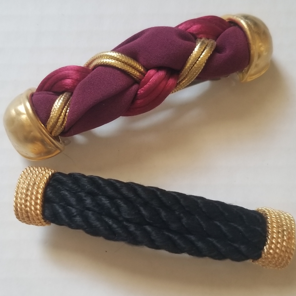 Vintage 1980s Set/2 Hair Clips Braided Wine/Gold & Black Rope/Gold